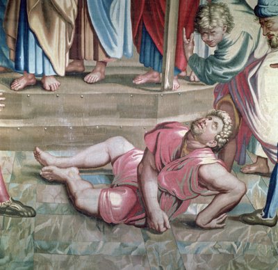 Wandteppich, der die Taten der Apostel darstellt, der Tod des Ananias, Detail des sterbenden Ananias, gewebt in der Beauvais-Werkstatt unter der Leitung von Philippe Behagle von Raffaello Sanzio Raphael